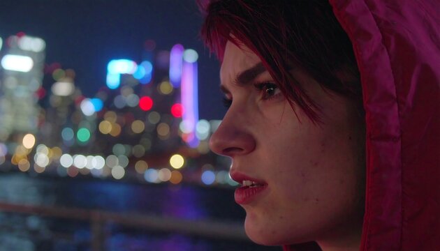 Pensive woman in red hood against city nightscape - Powered by Adobe