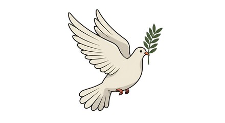 Fototapeta premium Stylized white dove in flight carrying an olive branch against a plain background, illustration.