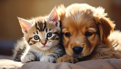 Cute feline kitten nestled beside adorable golden retriever puppy