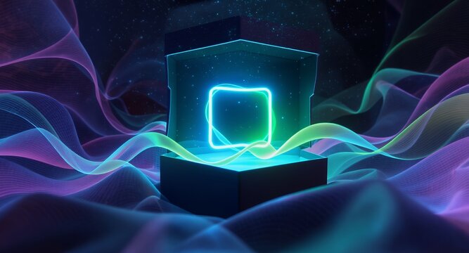 Futuristic open box with vibrant neon glowing square and abstract undulating digital waves. Sci-fi technology concept with luminous geometric shapes and energetic flow for modern innovation and m