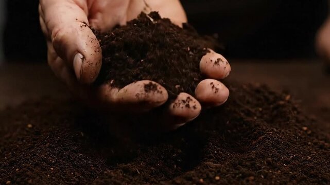 Close-up of a hand sifting through rich dark soil, symbolizing growth and agriculture.