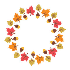 Fall leaves round frame isolated on white background. Circular border design with seasonal foliage. Vector flat illustration for invitations, labels, packaging, cards