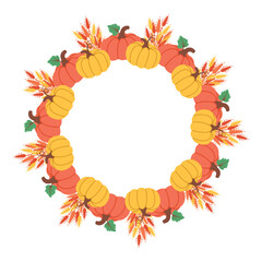 Pumpkin frame isolated on white background.  Autumn foliage wreath. Fall design. Thanksgiving border. Circular frame with seasonal leaves. Vector illustration for invitations, labels, packaging, cards