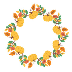 Pumpkin wreath isolated on white background.  Autumn foliage frame. Fall design. Thanksgiving border. Circular frame with seasonal leaves. Vector illustration for invitations, labels, packaging, cards