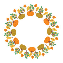Pumpkin wreath isolated on white background.  Autumn foliage frame. Fall design. Thanksgiving border. Circular frame with seasonal leaves. Vector illustration for invitations, labels, packaging, cards