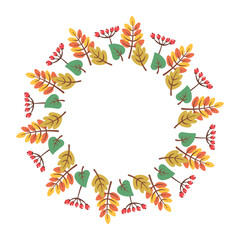 Autumn foliage wreath. Circular frame of fall leaves and berries. Seasonal round border isolated on white background. Vector  flat illustration for greeting cards, invitations, posters