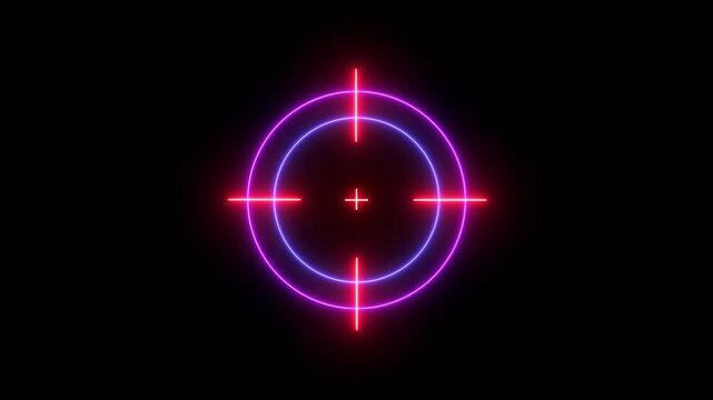 Glowing neon light target icon animation.  Military training, Military target icon animation on black background. Crosshair, gun aim, sniper target.