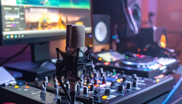 Close-up of audio equipment, focusing on a microphone and sound mixer - Powered by Adobe