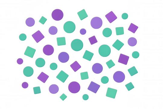 Purple and teal circles and squares scattering, creating a vibrant abstract geometric pattern. Transparent background