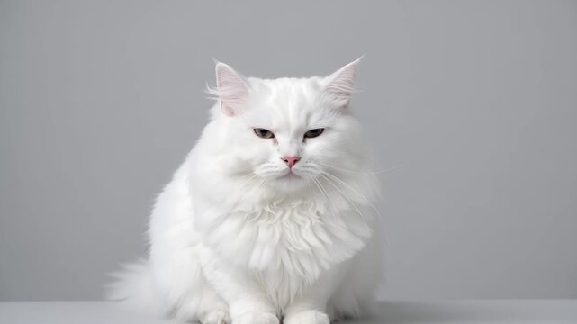 マットグレーの上でゆっくり瞬きをする白いふわふわ猫