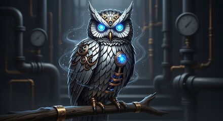 An owl with feathers made of overlapping silver metallic shards and gears