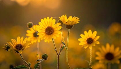 Field of bright yellow wildflowers glows in soft golden sunlight