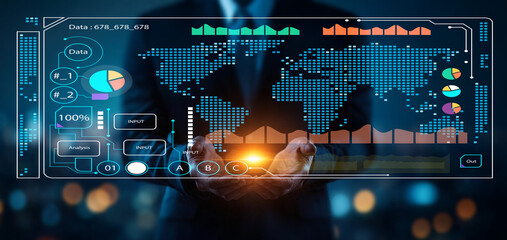 Modern Data Analysis Concept with Global Maps and Charts in Hands of Businessman, Highlighting Technology and Innovation in Data Visualization