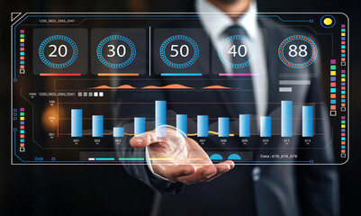 Businessman Presenting Interactive Data Visualization on Futuristic Touchscreen Interface in Corporate Environment