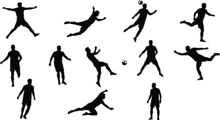 Soccer players silhouettes performing actions, kicking, jumping, sliding, running, teamwork, energy, football game, motion, fitness, competition, outdoor sports, athletic movement