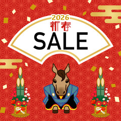 着物を着た午と門松　2026年正月デザインテンプレート - 正方形比率