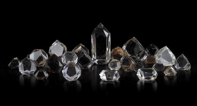 Sparkling array of brilliant transparent and smoky faceted crystals on a sleek reflective black background. Elegant studio composition of diverse gemstone-like objects, perfect for luxury, scienc