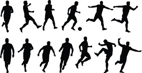 Soccer players silhouettes running and kicking ball, football training, team sport, fitness, energy, action, outdoor game, motion, competition, teamwork