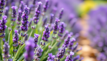 Fototapeta premium Closeup Blooming Lavender Flowers Garden Setting