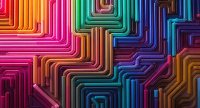 Vibrant Abstract Background of Interconnected Colorful Tubes, Creating a Dynamic Network and Flowing Gradient Pattern. This Modern Design Depicts Digital Data Pathways, Technology, and Intricate