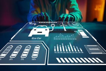 Futuristic Interface Displaying Eco Car Data, Battery Levels, and Charging Information on Transparent Screen at Night with Hands in Focus