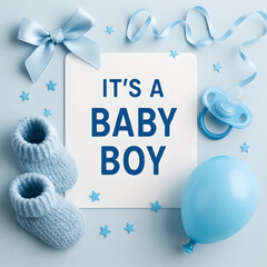 It's A Baby Boy Announcement With Blue Ribbons, Socks, Balloons, And Baby Gear