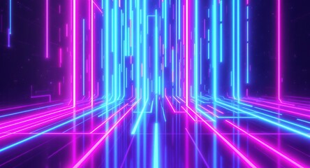 Vibrant Abstract Digital Grid with Glowing Neon Light Trails in Blue and Pink Magenta, Representing Data Flow, Technology, and Futuristic Cyberspace Background. Dynamic Modern Design for Virtual