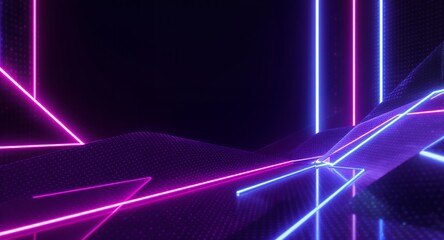 Vibrant Abstract Digital Landscape with Glowing Neon Light Lines on a Dark Textured Surface. Futuristic Backdrop Featuring Energetic Pink and Blue Geometric Paths and Undulating Grids for Modern