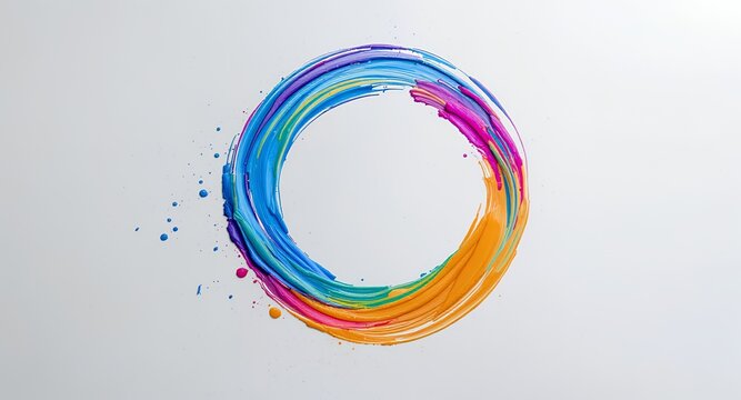 Vibrant Abstract Circular Paint Brushstroke on White Background with Splatters and Texture, Dynamic Colorful Artistic Creative Graphic Element for Design and Marketing Concepts