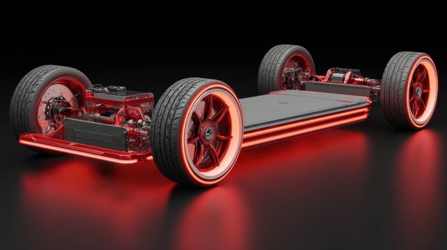 Electric vehicle chassis with glowing wheels showcases modern automotive technology and design features