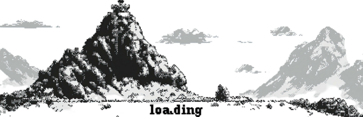 Mountainous grayscale landscape with pixelated clouds and trees
