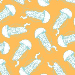 Sea Jellies Floating Pattern on Orange Background