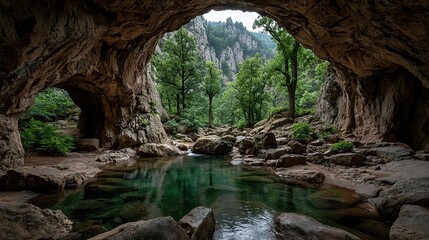 Fototapeta premium Cave Scene with Natural Arch Rock Green Water Pool, Underwater Stones Forest Mountains
