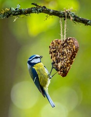 Obraz premium Colorful bird perched next to a heart-shaped feeder on a branch