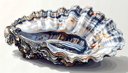 Detailed digital illustration of a large, textured oyster shell