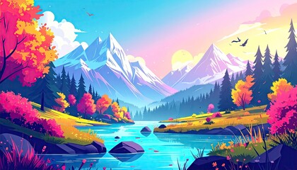 Vibrant Autumn Landscape with Snowcapped Mountains and River