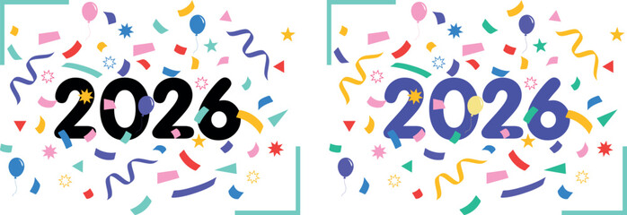  New Year party colourful logo. 2026 confetti number isolated. New year design 2026.