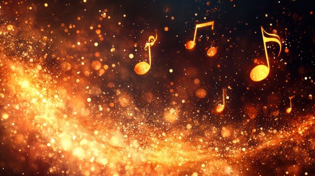 Abstract music notes background, glowing particles, fiery effect.  Possible use Website background, music album cover