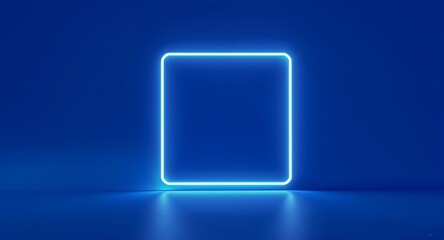 Vibrant Glowing Neon Blue Square Frame on a Dark Reflective Studio Background, Modern Futuristic Abstract Digital Technology Concept with Empty Space for Product Display, Presentation Backdrop, o