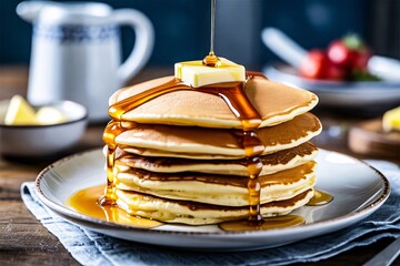 Pancakes butter syrup strawberries pitcher bowl wood table warm cozy breakfast background