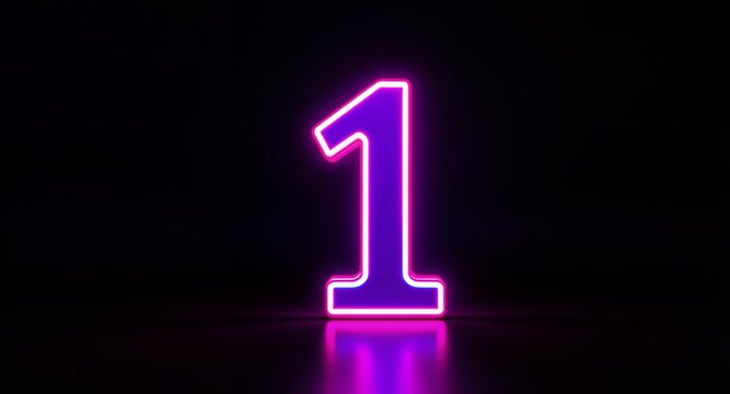 Vibrant Glowing Neon Number 1, Modern Purple and Pink Digital Counter with Reflective Shine on a Dark Background, Perfect for Futuristic Designs, Achievements, Rankings, or Startups