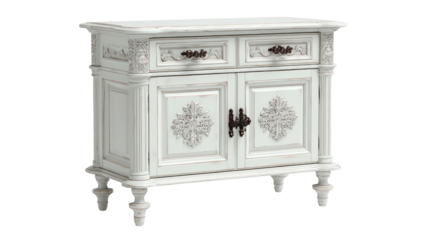 Ornate white cabinet with two drawers, doors, detailed carving, and round legs