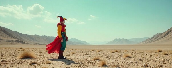 Isolated Jester in Barren Landscape A Figure of Folly and Solitude, Windswept and Vibrant Against Bleak Surroundings