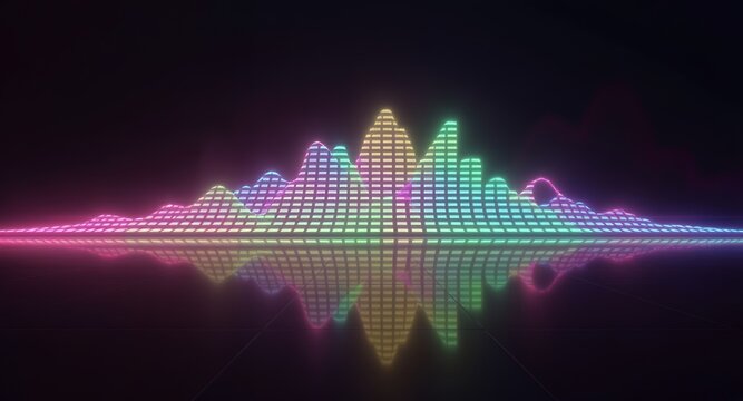 Vibrant Neon Audio Equalizer Display with Dynamic Sound Waves and Glowing Reflective Surface. Abstract Digital Music Visualizer, Modern Technology Aesthetic, Futuristic Energy Spectrum Background.