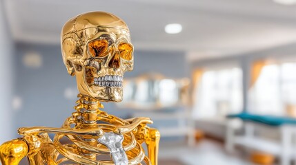 Detailed anatomical model of a human skeleton displayed in a bright and modern classroom setting