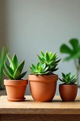 Stylish Terracotta Pots with Vibrant Succulents and Air Plants Thrive Indoors, Adding a Touch of Modern Nature to Home, Office, or Minimalist Decor