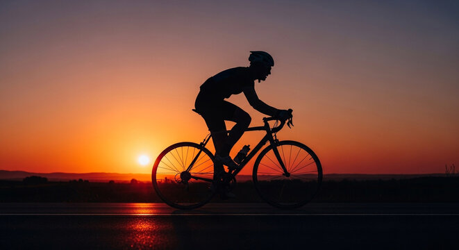 Silhouette of a cyclist riding into the sunset, symbolizing freedom, fitness, and the thrill of outdoor adventure against a backdrop of vibrant colors