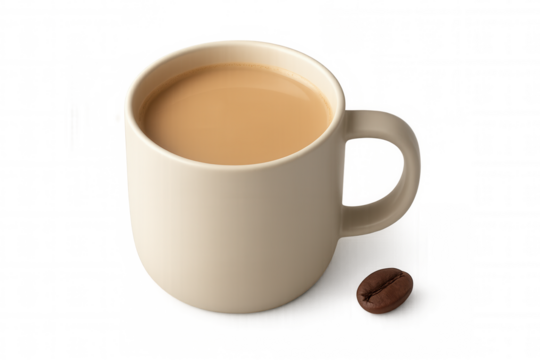 Coffee mug with hot beverage and single roasted bean on transparent background, enjoying caffeine break
