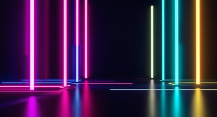 Vibrant Neon Lights Abstract Background with Glowing Vertical and Horizontal Lines, Modern Futuristic Digital Illumination and Reflections on Dark Surface for High-Tech and Entertainment Concepts