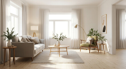 Cozy and bright living room with a comfortable sofa, armchair, plants, and soft lighting, creating a relaxing and inviting atmosphere for home interior design